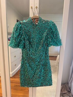 Queen of Sparkles Teal Sequin Puff Sleeve Mini Dress XS